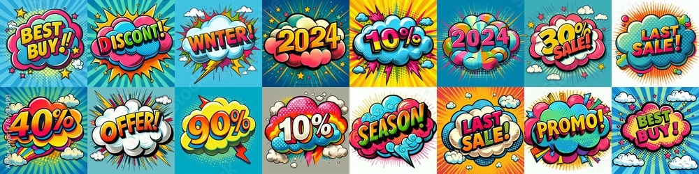 Fototapeta premium Sale stickers pop art style. AI generated illustration