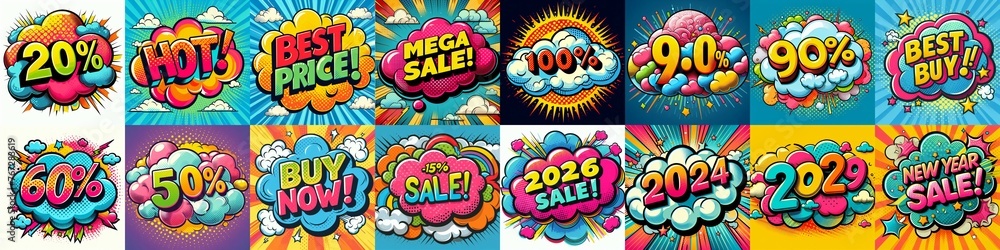 Fototapeta premium Sale stickers pop art style. AI generated illustration