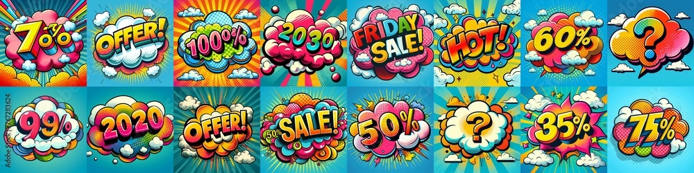 Sale stickers pop art style. AI generated illustration