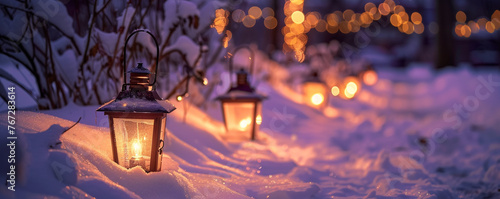 The soft glow of lanterns lining a snow-covered pathway, each casting a warm light on the surrounding snow, the scene