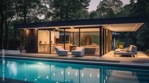 Mid-century inspired indoor/outdoor pool pavilion with oversized bi-folding glass door walls.