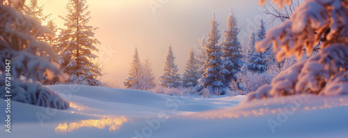The soft light of dawn illuminates a snow-covered forest  the trees and snow detailed against a blurred  serene sky. The early morning light brings warmth to the cold  quiet forest scene.