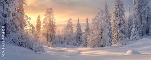 The soft light of dawn illuminates a snow-covered forest, the trees and snow detailed against a blurred, serene sky. The early morning light brings warmth to the cold, quiet forest scene.