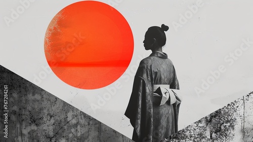 Japanese woman in national costume kimono. Geisha on the background with a large circle symbolizing the rising sun. Painting in the style of watercolor painting or sketch. Illustration for design.