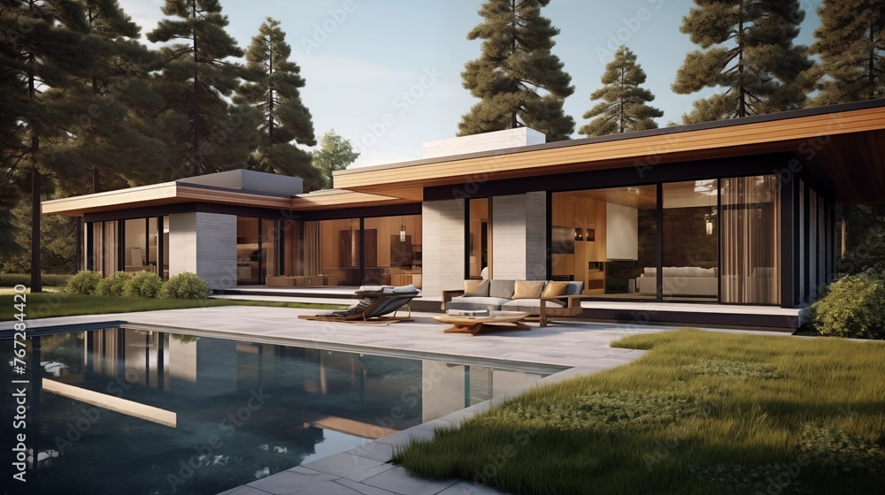 Fototapeta premium Midcentury modern house with flat roofs oversized windows and sleek lines.