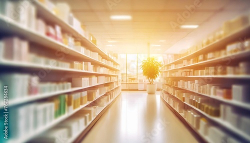 pharmacy drugstore shelves interior blurred abstract background with copy space photo
