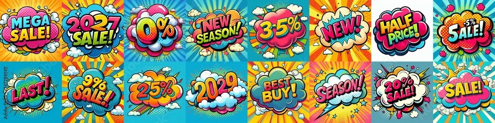 Sale stickers pop art style. AI generated illustration Sale stickers pop art style. AI generated illustration