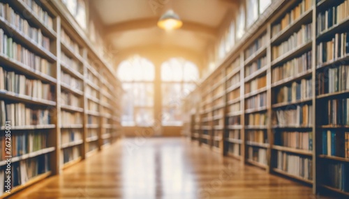 abstract blurred empty college library interior space blurry classroom with bookshelves by defocused effect use for background or backdrop in book shop business or education resource