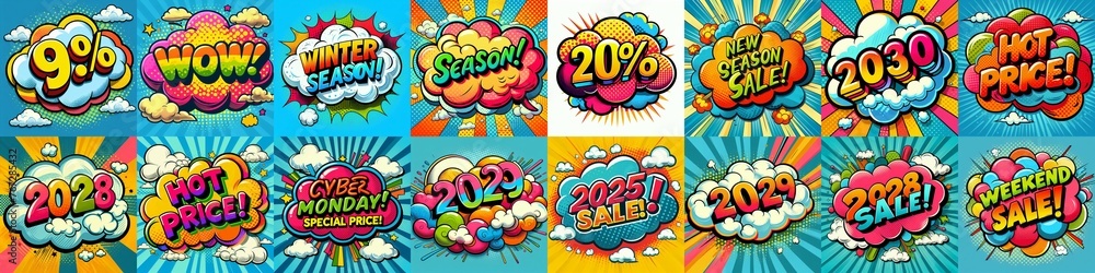 Sale stickers pop art style. AI generated illustration Sale stickers pop art style. AI generated illustration