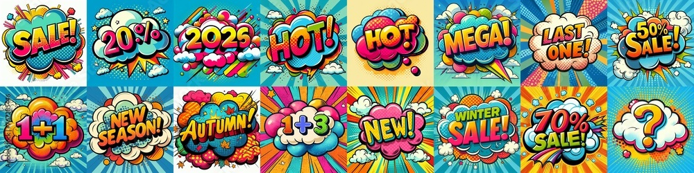 Sale stickers pop art style. AI generated illustration