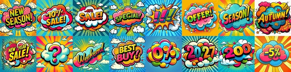 Sale stickers pop art style. AI generated illustration Sale stickers pop art style. AI generated illustration