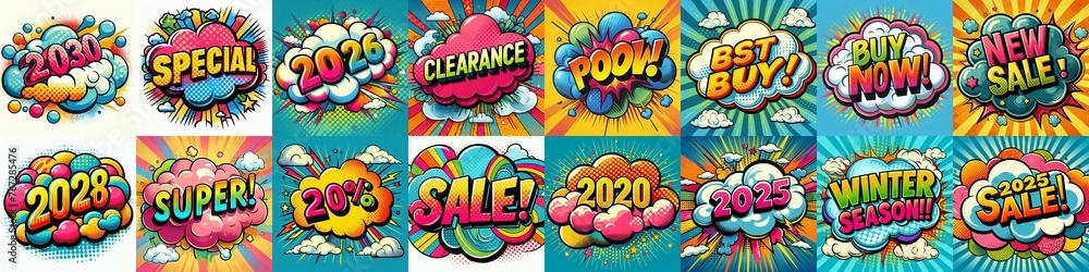 Sale stickers pop art style. AI generated illustration