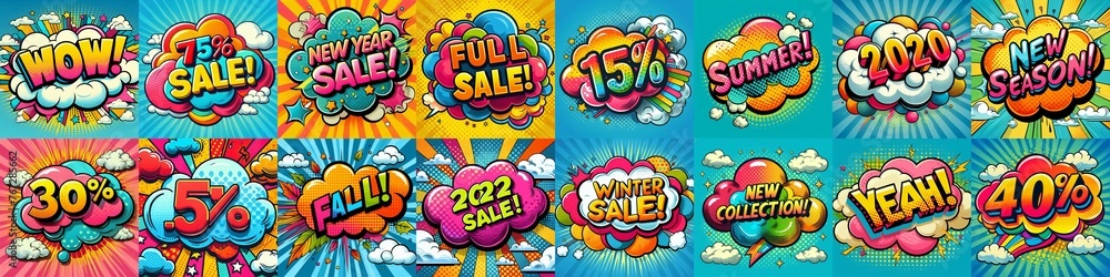 Sale stickers pop art style. AI generated illustration Sale stickers pop art style. AI generated illustration