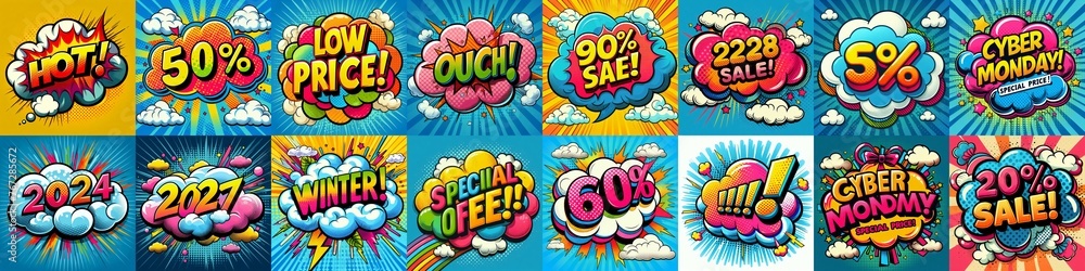Fototapeta premium Sale stickers pop art style. AI generated illustration