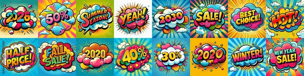 Fototapeta premium Sale stickers pop art style. AI generated illustration