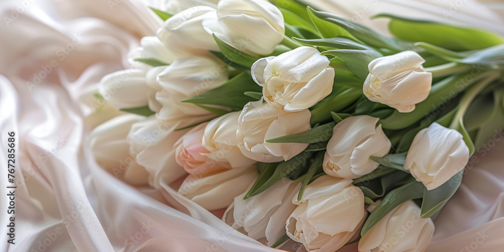 closeup of a bouquet of white tulips