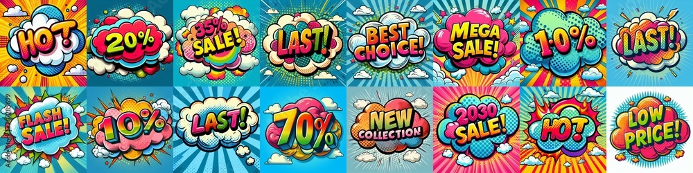 Sale stickers pop art style. AI generated illustration Sale stickers pop art style. AI generated illustration