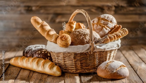 breadbasket with different bakery products on wooden background