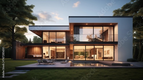 Minimalist modern home with clean lines large windows and open concept layout. © Aeman