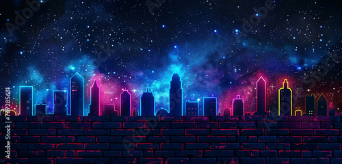 A brick wall adorned with neon lights forming the silhouette of a city skyline against a starry night sky. [Copy space on blank labels word].