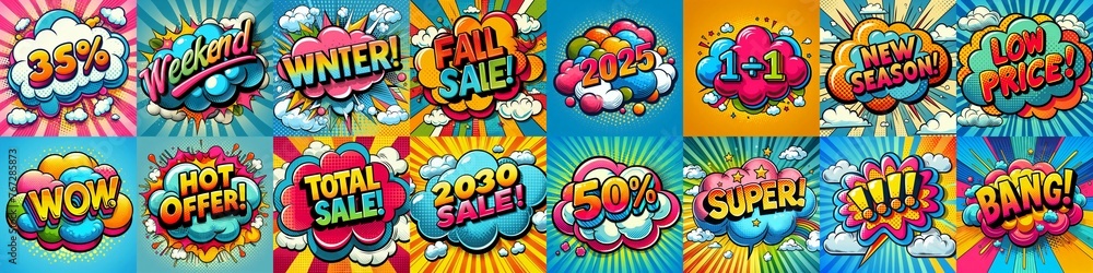 Sale stickers pop art style. AI generated illustration Sale stickers pop art style. AI generated illustration