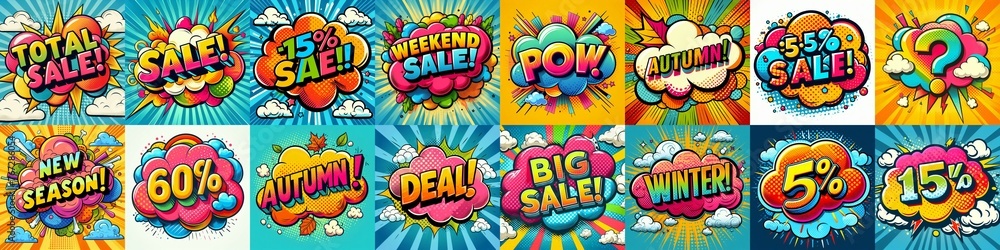 Fototapeta premium Sale stickers pop art style. AI generated illustration