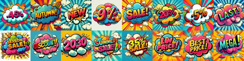 Sale stickers pop art style. AI generated illustration Sale stickers pop art style. AI generated illustration