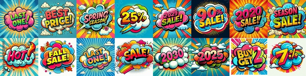 Fototapeta premium Sale stickers pop art style. AI generated illustration