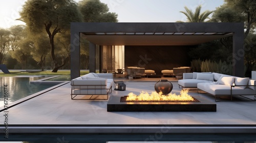 Modern concrete pool pavilion with integrated concrete fire pit lounge and oversized sliding glass walls.