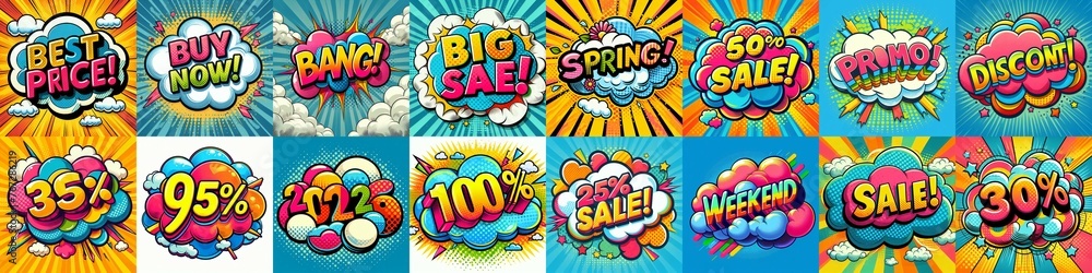 Sale stickers pop art style. AI generated illustration Sale stickers pop art style. AI generated illustration