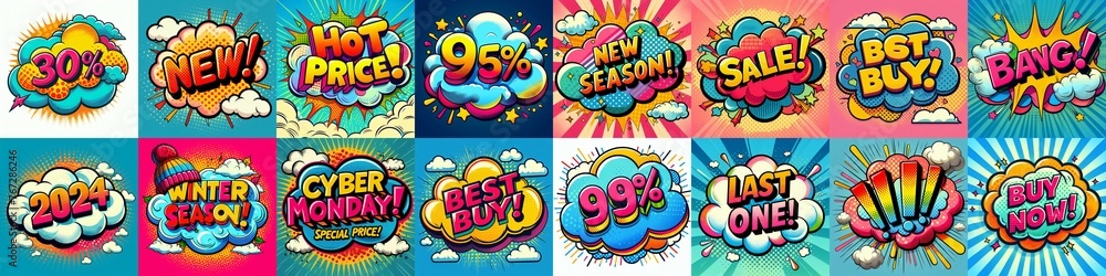 Sale stickers pop art style. AI generated illustration Sale stickers pop art style. AI generated illustration