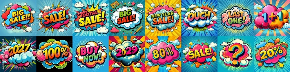 Fototapeta premium Sale stickers pop art style. AI generated illustration