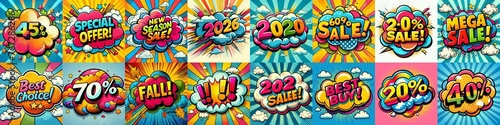 Sale stickers pop art style. AI generated illustration photo