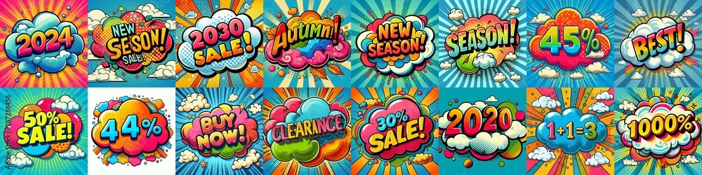 Sale stickers pop art style. AI generated illustration Sale stickers pop art style. AI generated illustration