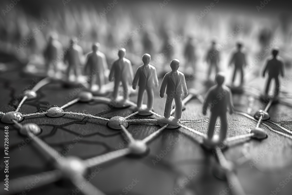Chain of people figurines connected by white lines - obrazy, fototapety, plakaty 