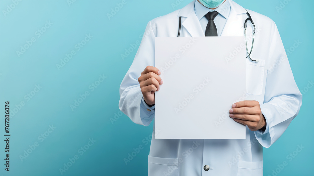Medico segurando um cartaz em branco isolado no fundo azul claro - obrazy, fototapety, plakaty 