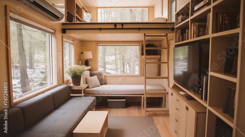Modern tiny house with space-saving built-ins and multi-functional furniture.