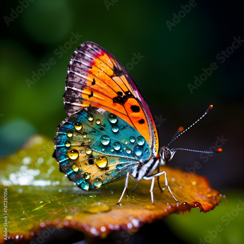 Exceptional BZ Macro-Photography: A Vivid, Colorful Butterfly Resting on a Dewy Leaf © Nellie