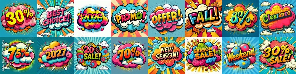 Sale stickers pop art style. AI generated illustration Sale stickers pop art style. AI generated illustration