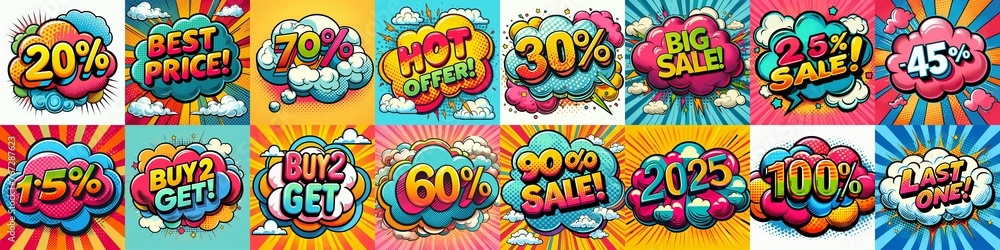 Sale stickers pop art style. AI generated illustration Sale stickers pop art style. AI generated illustration