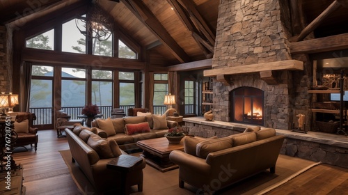 Mountain cabin with vaulted wood ceilings stone fireplace and rustic decor.