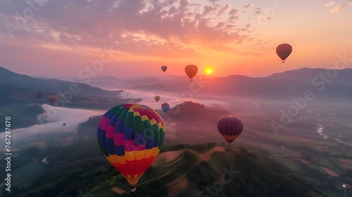 Colorful hot air balloons flying over mountain at Dot Inthanon in Chiang Mai, Thailand ai generated  photo