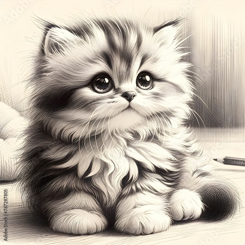 A finely detailed pencil sketch showcases a fluffy kitten with soulful eyes, exuding innocence and a touch of whimsy.