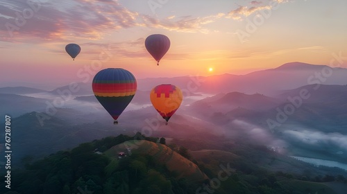 Colorful hot air balloons flying over mountain at Dot Inthanon in Chiang Mai, Thailand ai generated 