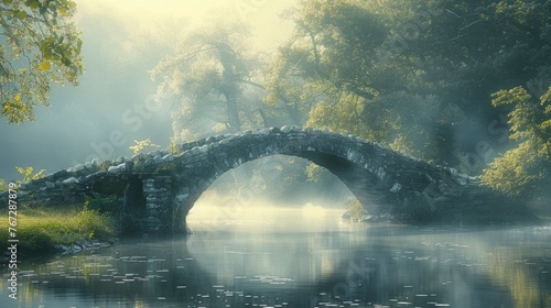 An atmospheric image of an old, stone bridge over a calm river, captured in the ethereal light of early morning