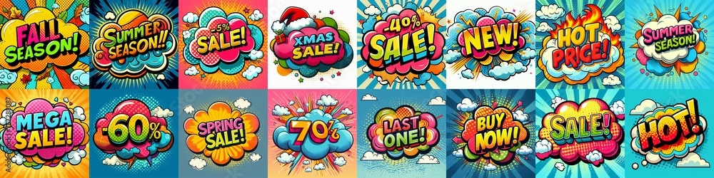 Sale stickers pop art style. AI generated illustration Sale stickers pop art style. AI generated illustration