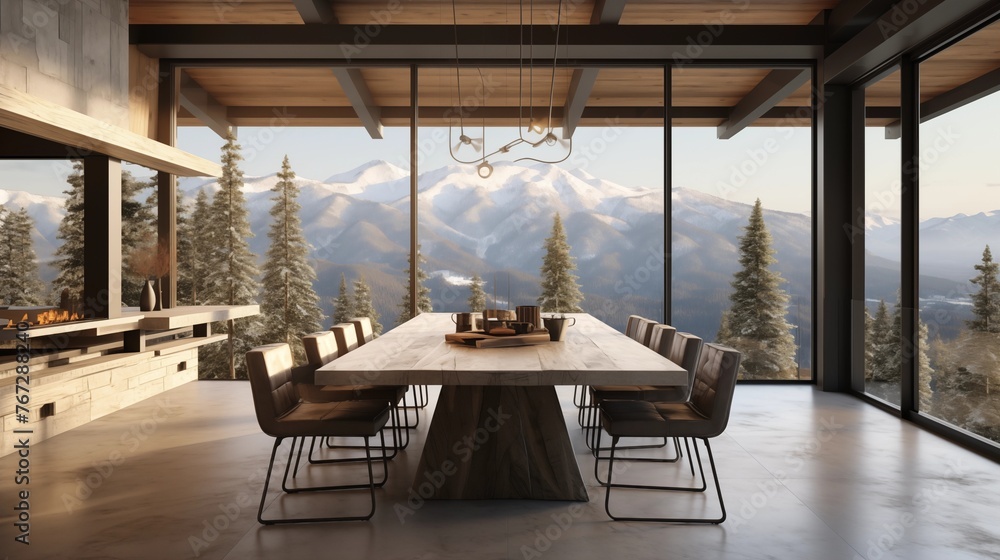 Mountain modern dining room with panoramic windows floating wood ...