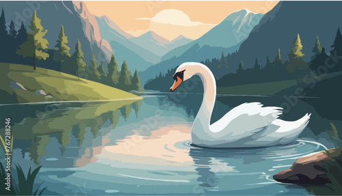 Vector cute swan swimming on the pond