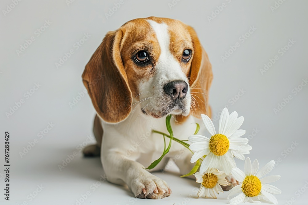 Beautiful Beagle Dog with Flower on White Studio Background - Domestic Purebred Pet Animal Mammal