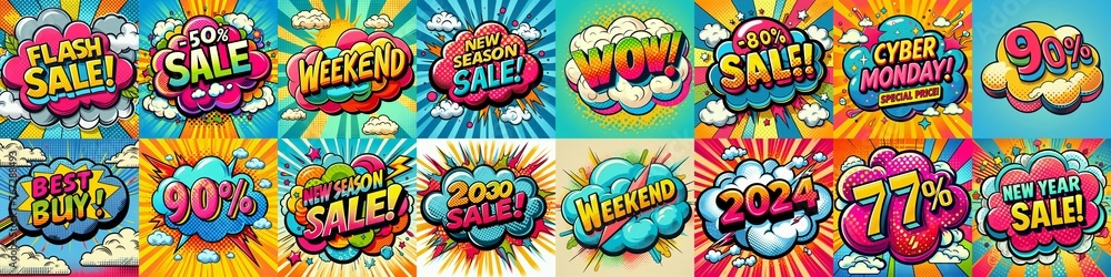 Sale stickers pop art style. AI generated illustration